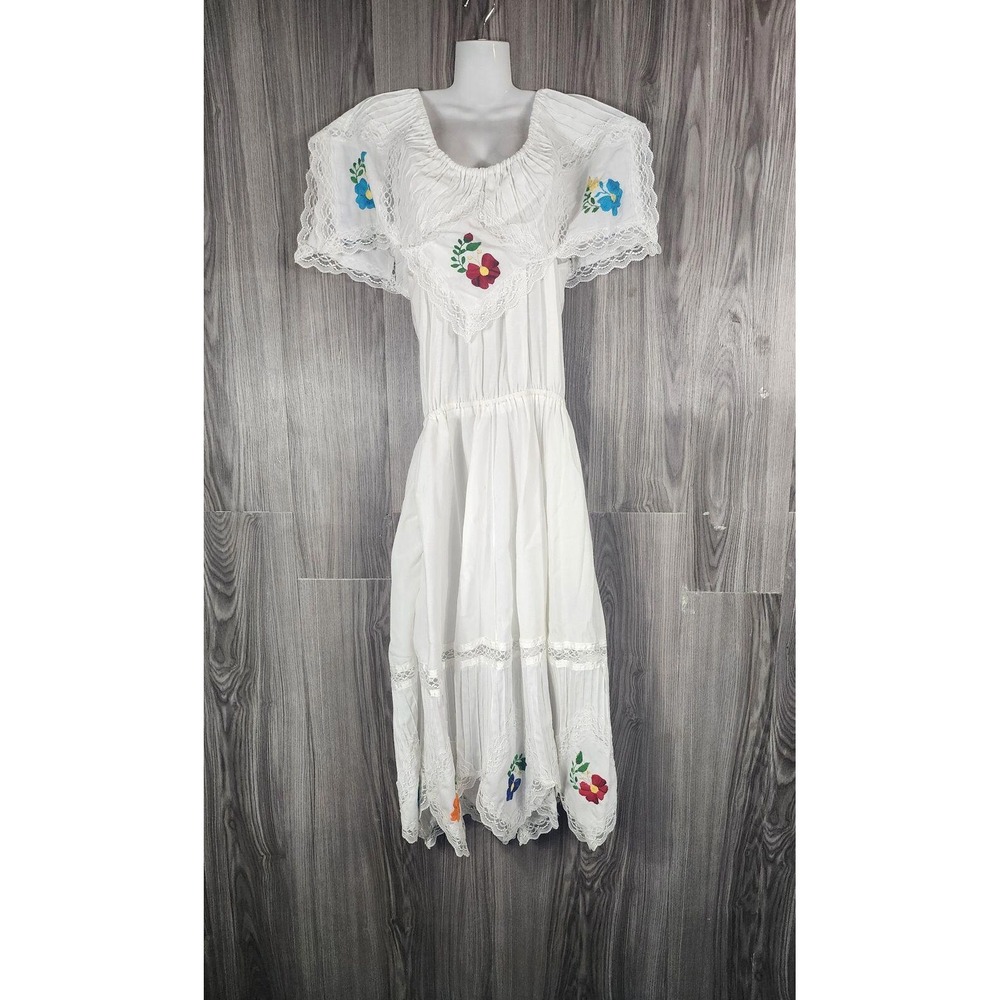 Handmade Mexican Floral Embroidered Lace Trim White Boho Midi Dress‎ Stretchy